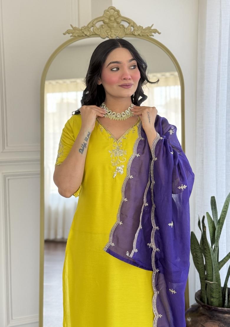 Lemon Yellow Embroidererd Viscose Chanderi Salwar Kameez With Dupatta