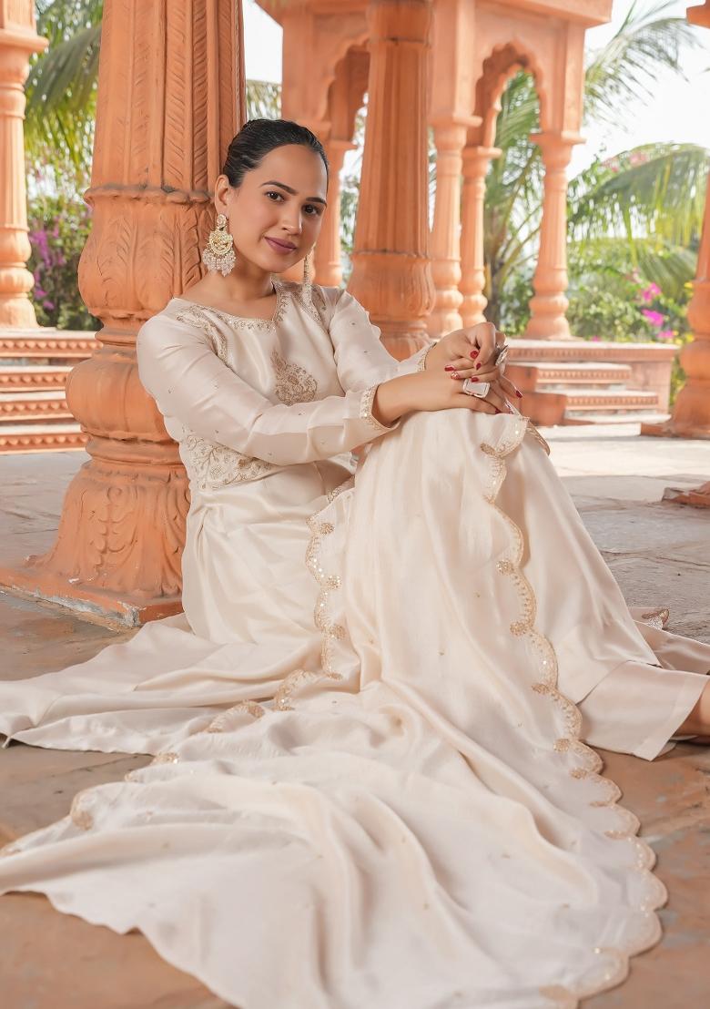Cream Embroidererd Vichitra Silk Salwar Kameez With Dupatta