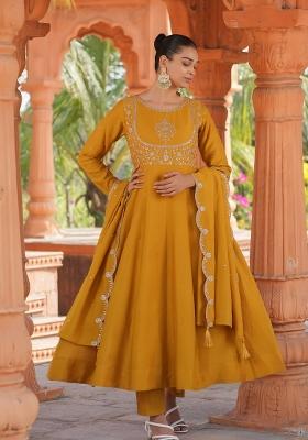 Mustard Yellow Embroidererd Vichitra Silk Salwar Kameez With Dupatta