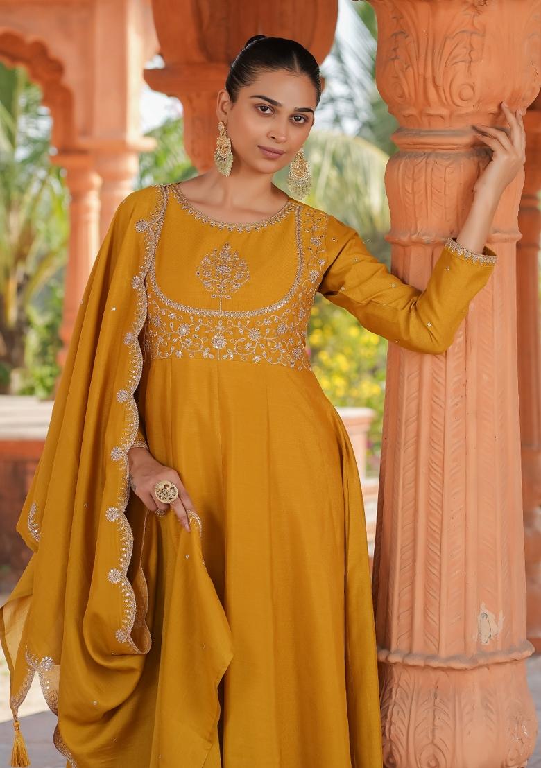 Mustard Yellow Embroidererd Vichitra Silk Salwar Kameez With Dupatta