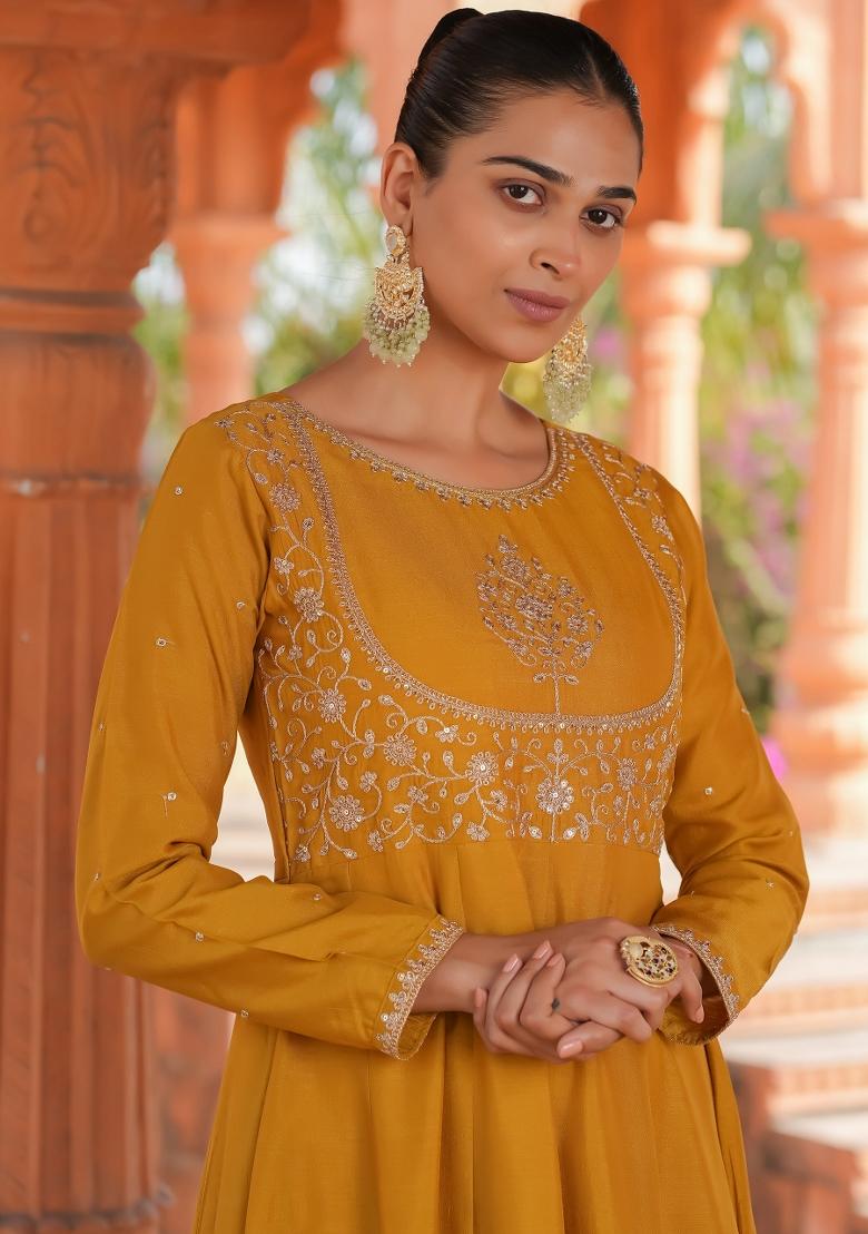 Mustard Yellow Embroidererd Vichitra Silk Salwar Kameez With Dupatta