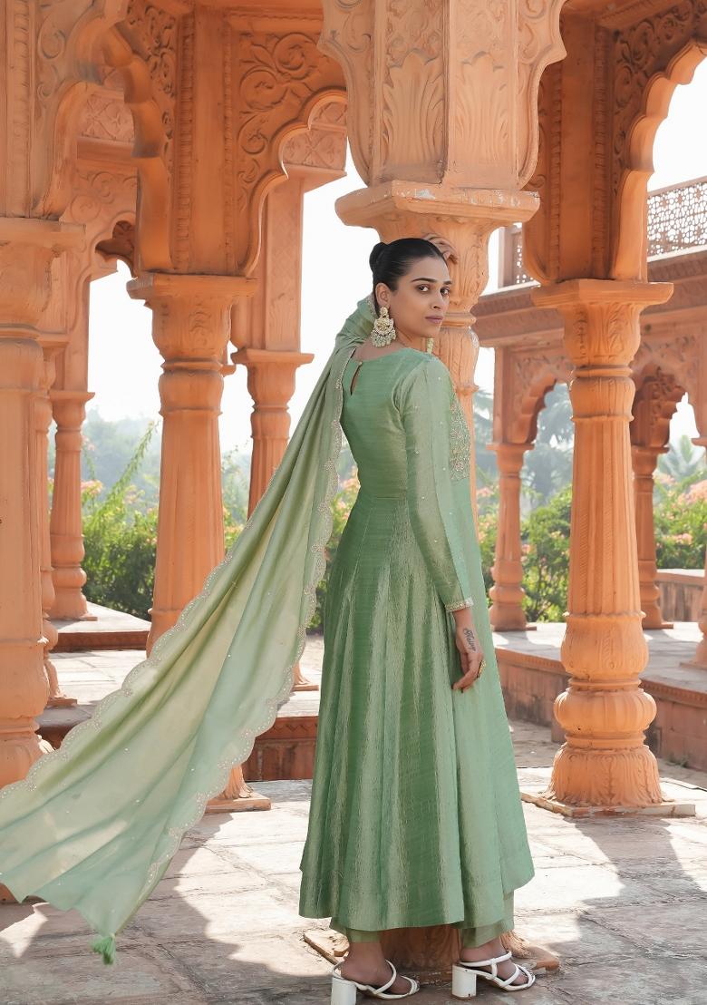 Pista Green Embroidererd Vichitra Silk Salwar Kameez With Dupatta