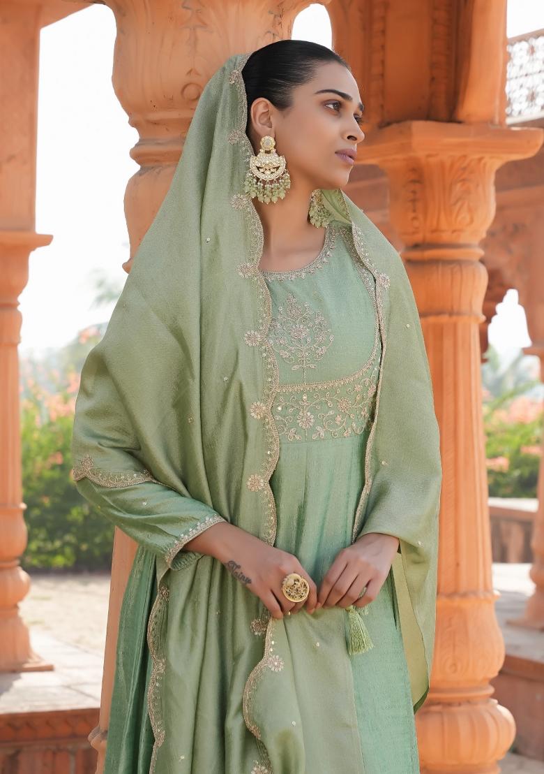 Pista Green Embroidererd Vichitra Silk Salwar Kameez With Dupatta