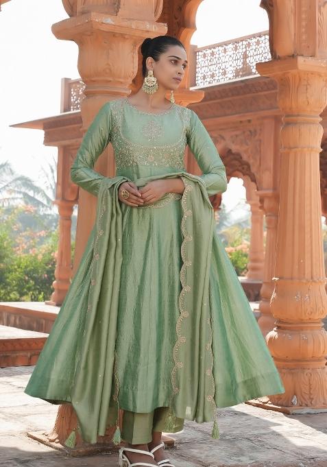 Pista Green Embroidererd Vichitra Silk Salwar Kameez With Dupatta