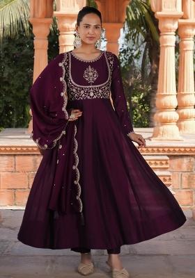 Purple Embroidererd Vichitra Silk Salwar Kameez With Dupatta
