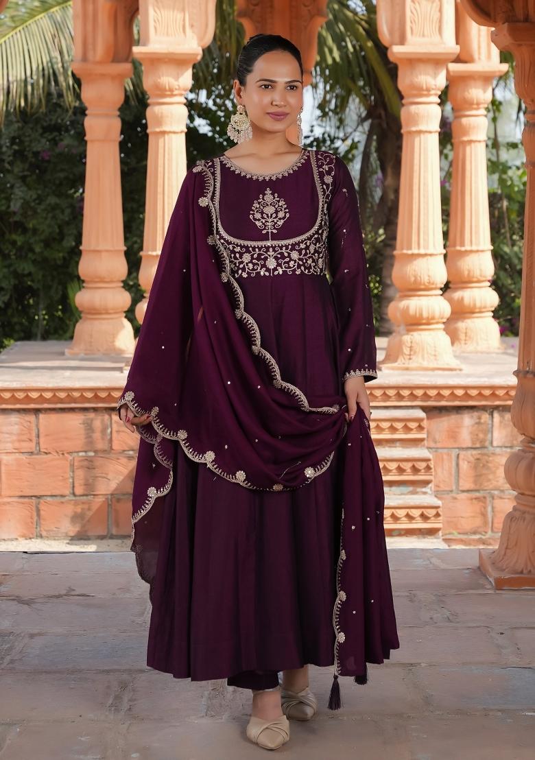 Purple Embroidererd Vichitra Silk Salwar Kameez With Dupatta