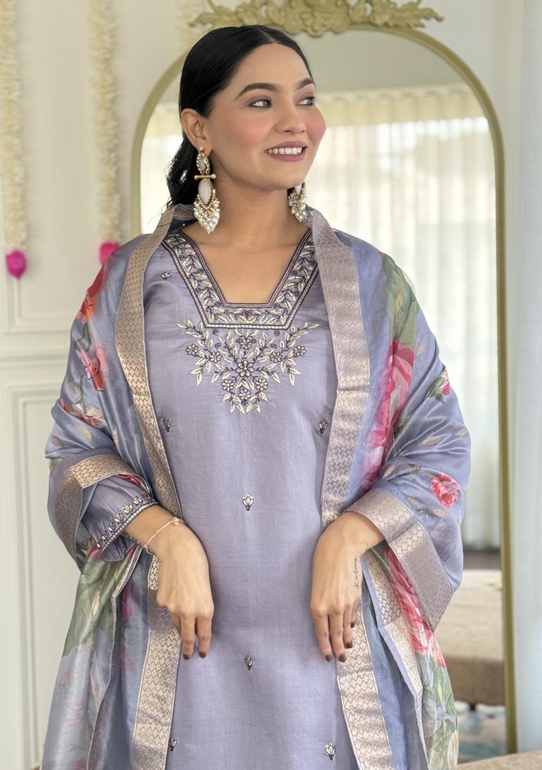 Blue Embroidererd Chanderi Salwar Kameez With Dupatta