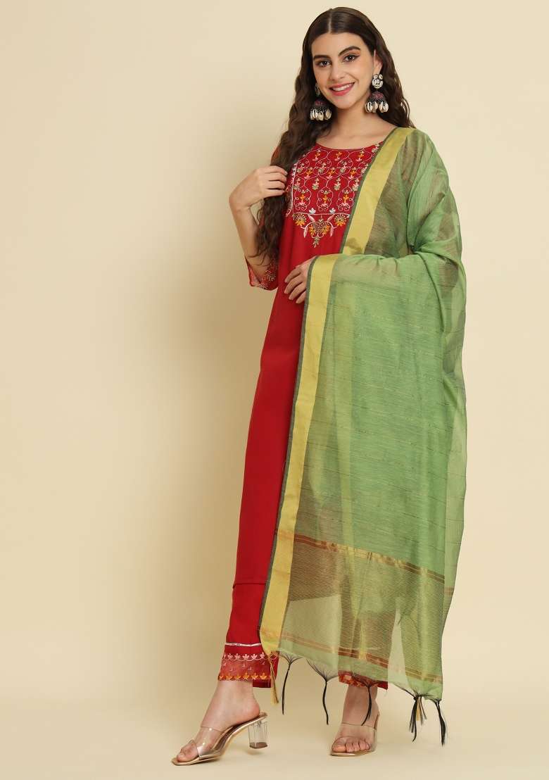 Maroon Embroidered Silk Blend Straight Kurta Set - Indya