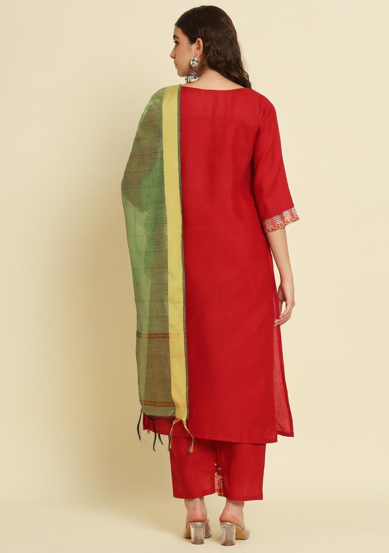 Maroon Embroidered Silk Salwar Kameez With Dupatta