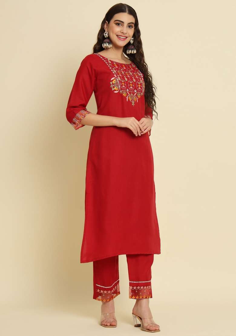 Maroon Embroidered Silk Blend Straight Kurta Set - Indya