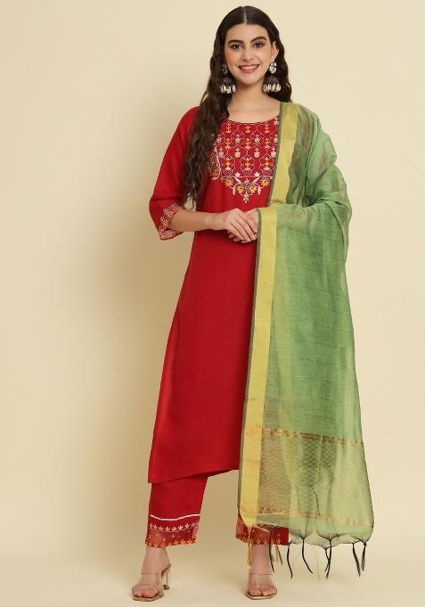 Maroon Embroidered Silk Straight Kurta Set — view on Indya