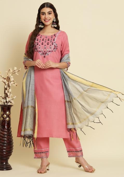 Pink Embroidered Silk Salwar Kameez With Dupatta