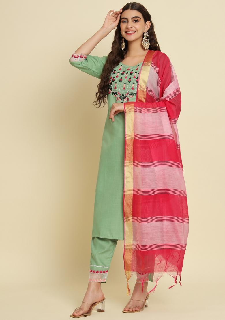 Pista Green Embroidered Silk Salwar Kameez With Dupatta