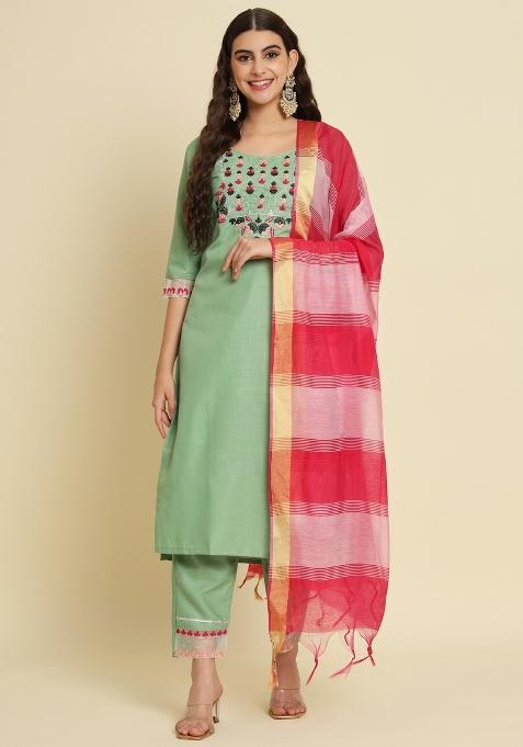 Pista Green Embroidered Silk Salwar Kameez With Dupatta
