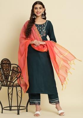 Teal Blue Embroidered Silk Salwar Kameez With Dupatta
