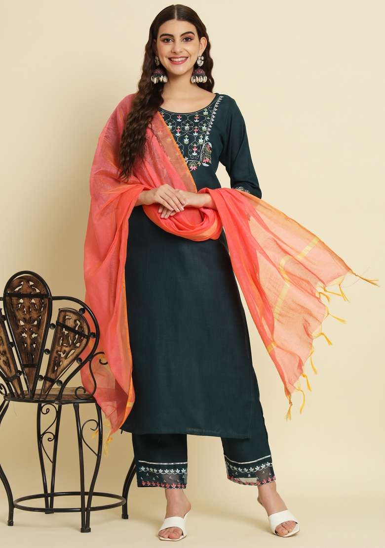 Teal Blue Embroidered Silk Blend Straight Kurta Set - Indya