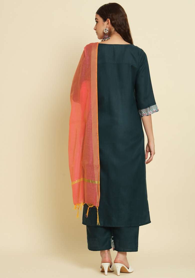 Teal Blue Embroidered Silk Blend Straight Kurta Set - Indya