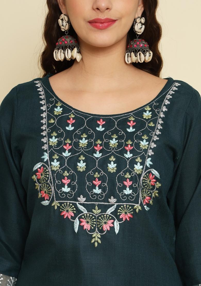 Teal Blue Embroidered Silk Salwar Kameez With Dupatta