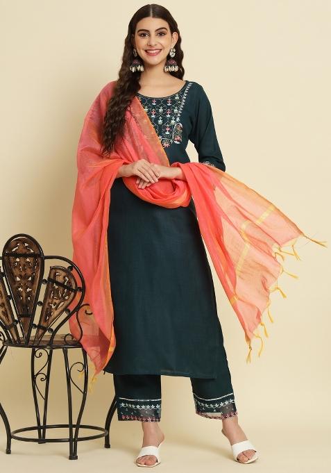 Teal Blue Embroidered Silk Salwar Kameez With Dupatta