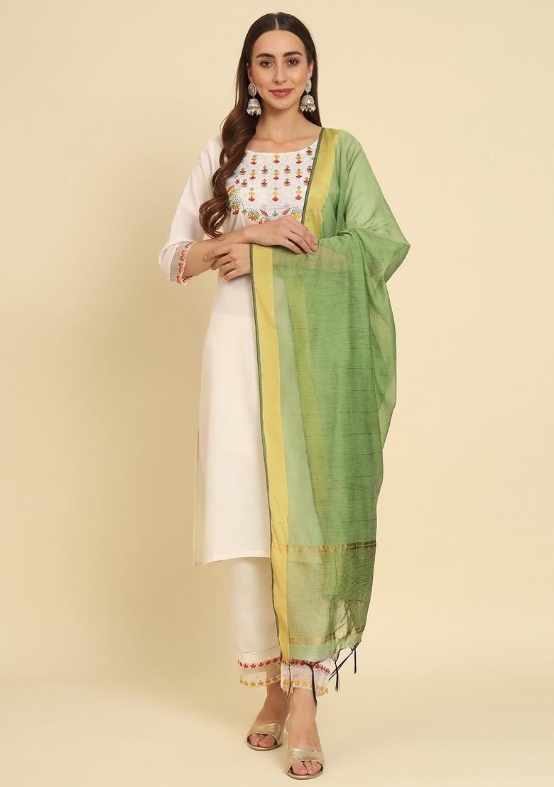 White Embroidered Silk Salwar Kameez With Dupatta