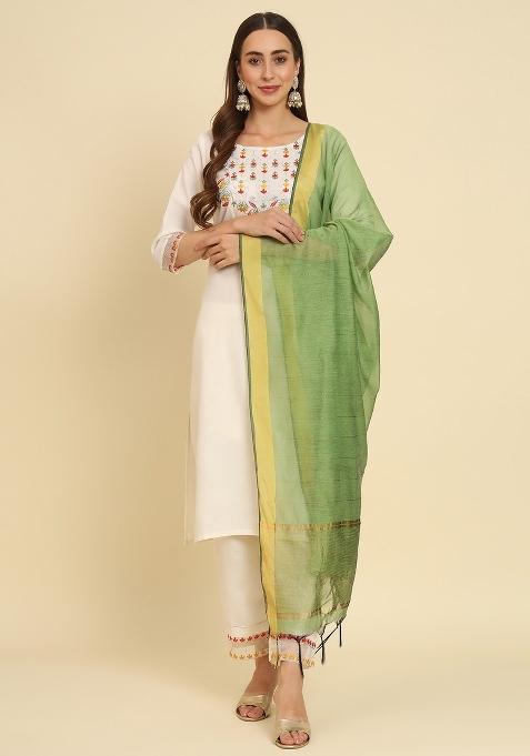 White Embroidered Silk Salwar Kameez With Dupatta
