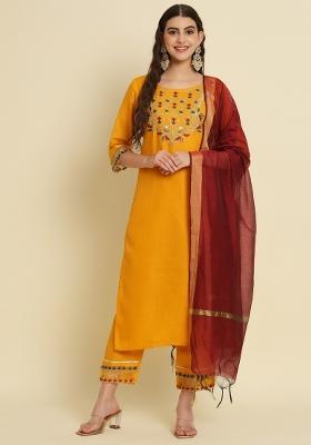 Yellow Embroidered Silk Salwar Kameez With Dupatta