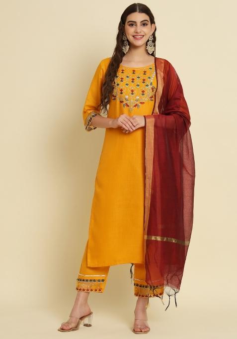 Yellow Embroidered Silk Salwar Kameez With Dupatta