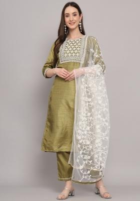 Pista Green Embroidered Silk Blend Salwar Kameez With Dupatta