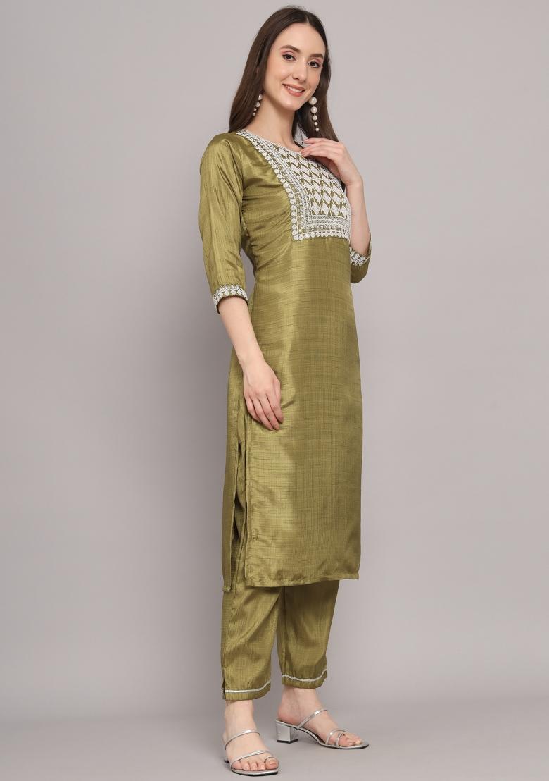 Pista Green Embroidered Silk Blend Salwar Kameez With Dupatta