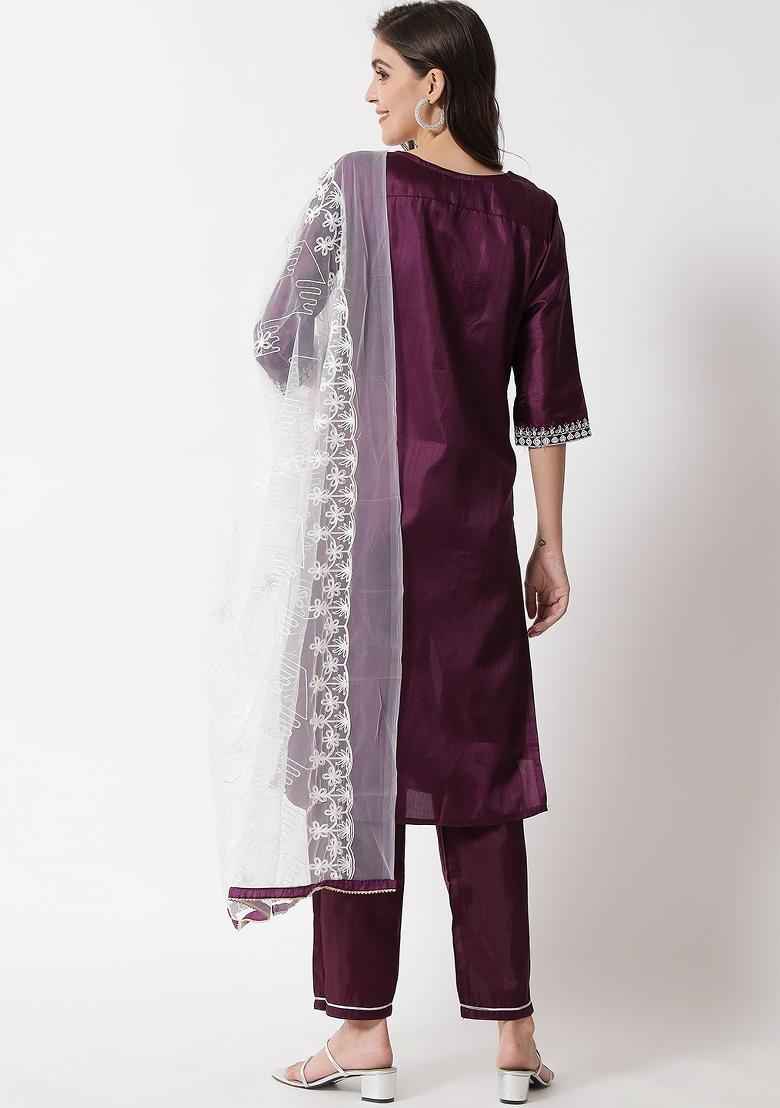 Purple Embroidered Silk Blend Salwar Kameez With Dupatta
