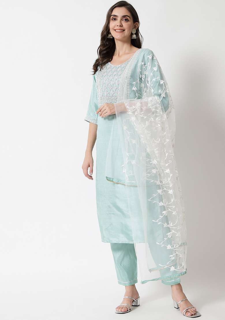 Green Embroidered Blended Straight Kurta Set - Indya