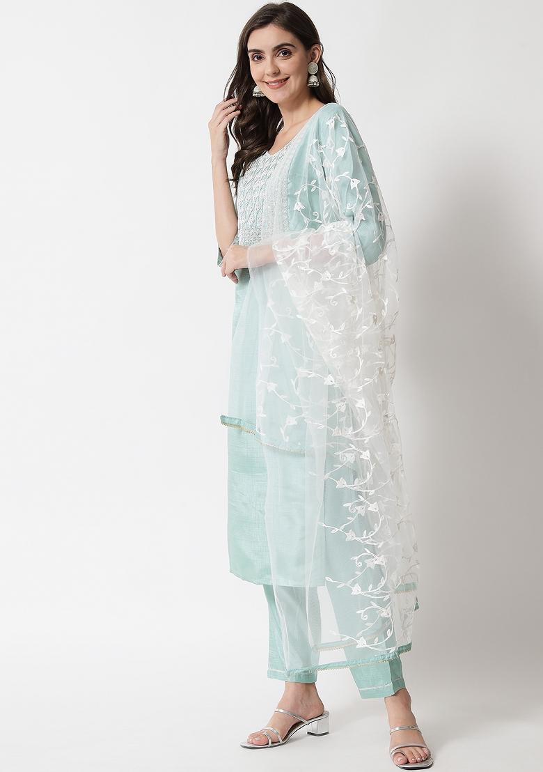 Green Embroidered Silk Blend Salwar Kameez With Dupatta