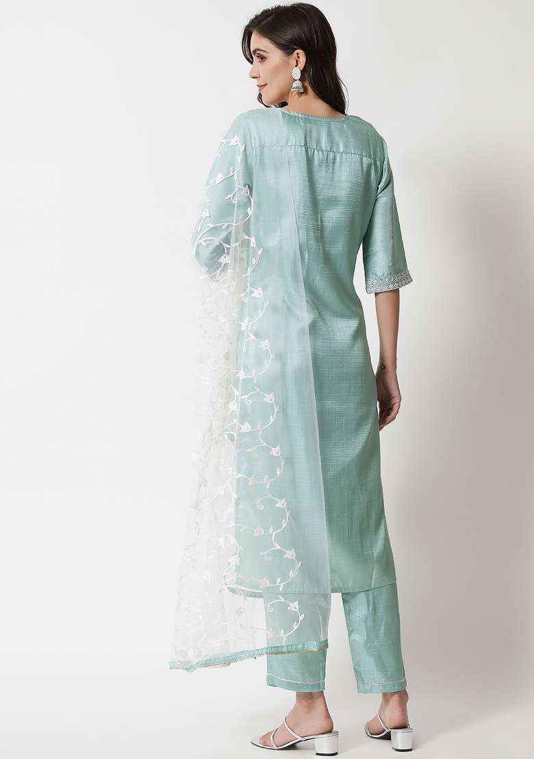 Green Embroidered Blended Straight Kurta Set - Indya