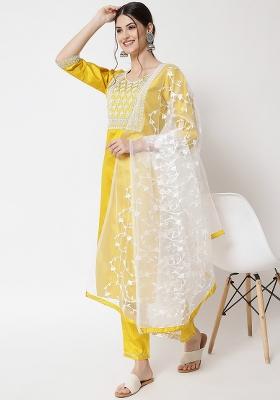 Yellow Embroidered Silk Blend Salwar Kameez With Dupatta