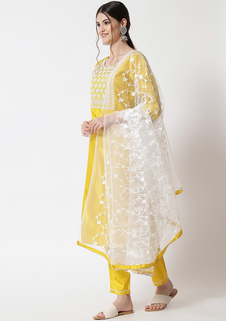 Yellow Embroidered Silk Blend Salwar Kameez With Dupatta