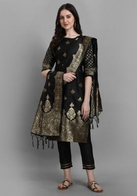 Black Woven Cotton Blend Salwar Kameez With Dupatta