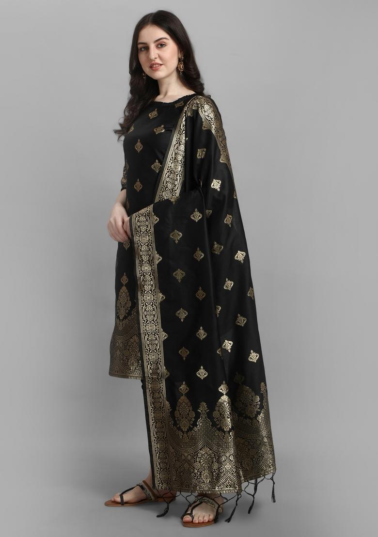 Black Woven Cotton Blend Salwar Kameez With Dupatta