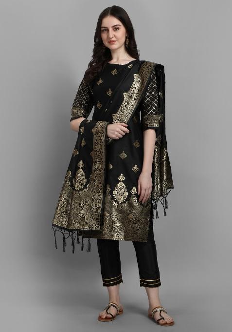 Black Woven Cotton Blend Salwar Kameez With Dupatta
