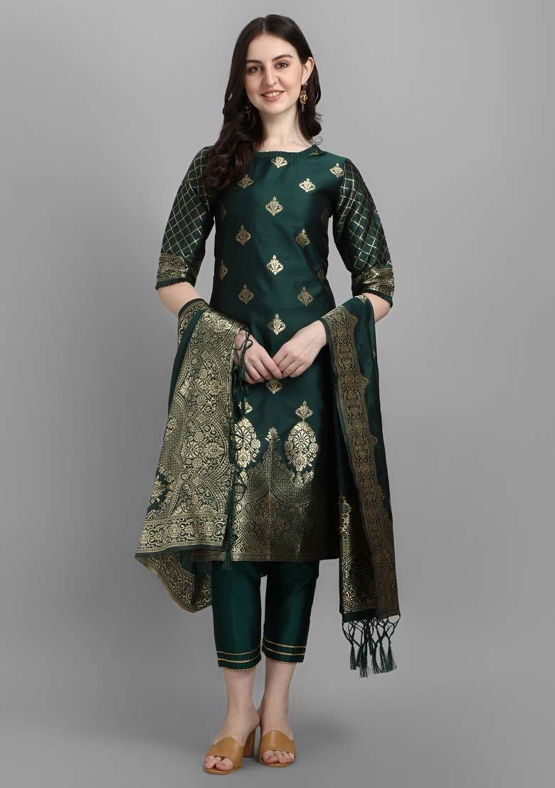Green Jacquard Blended Straight Kurta Set - Indya