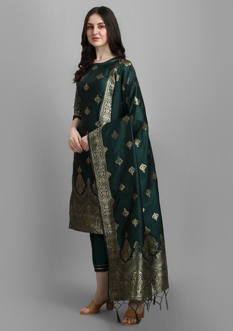 Green Woven Cotton Blend Salwar Kameez With Dupatta