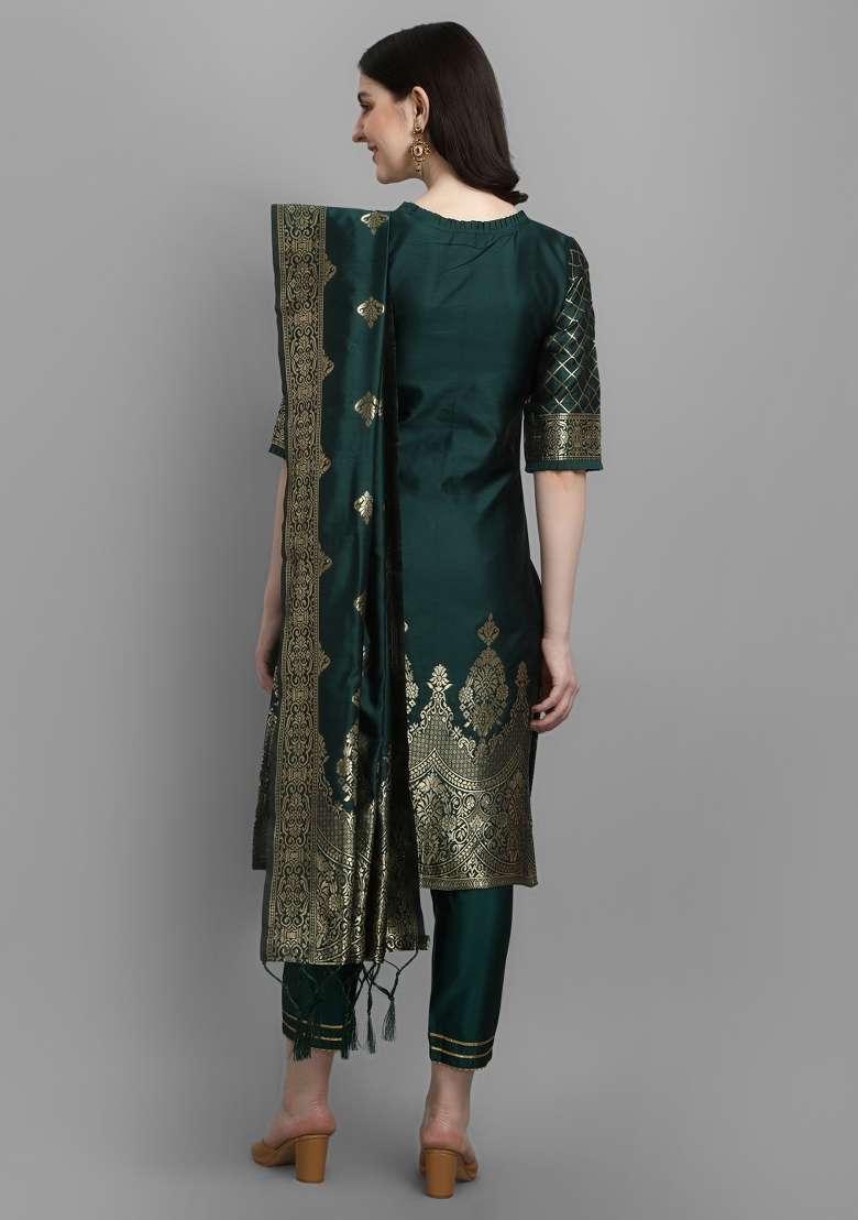Green Jacquard Blended Straight Kurta Set - Indya