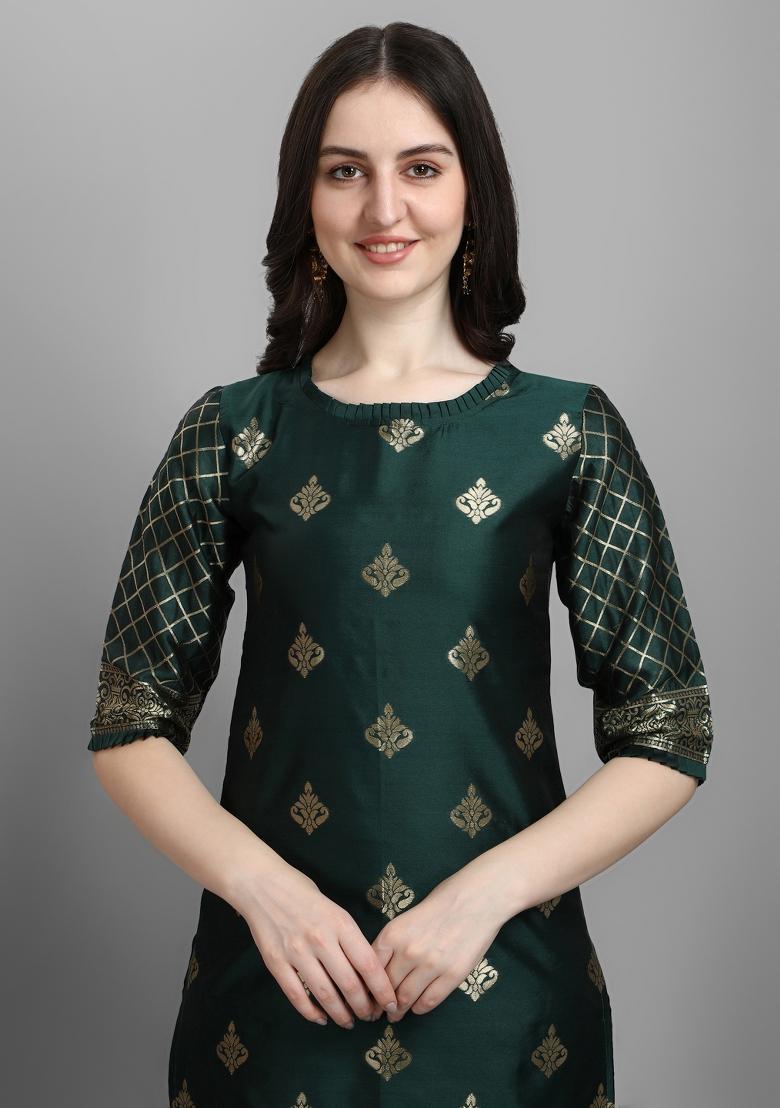 Green Woven Cotton Blend Salwar Kameez With Dupatta