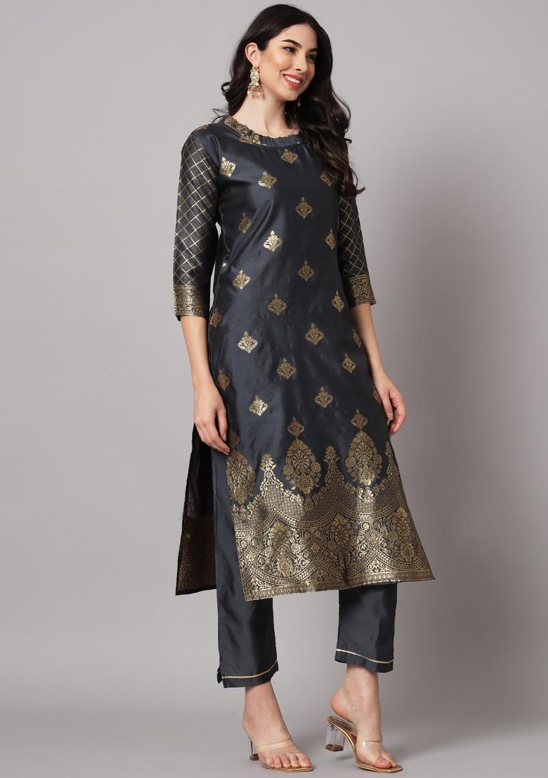 Grey Woven Cotton Blend Salwar Kameez With Dupatta