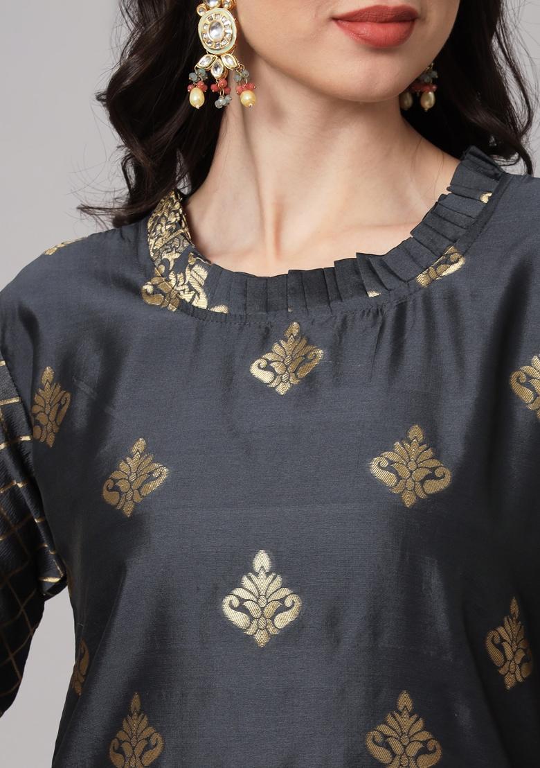 Grey Woven Cotton Blend Salwar Kameez With Dupatta