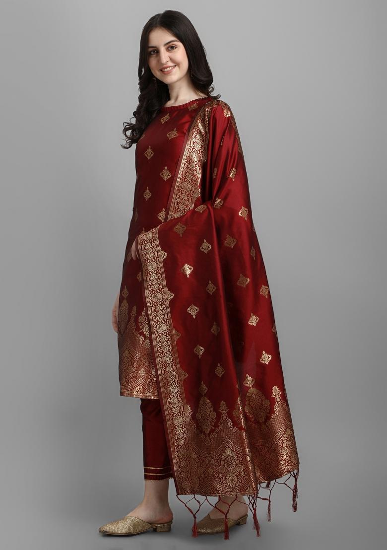 Maroon Woven Cotton Blend Salwar Kameez With Dupatta