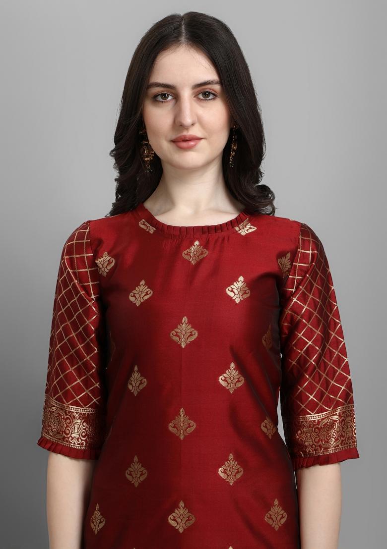 Maroon Woven Cotton Blend Salwar Kameez With Dupatta