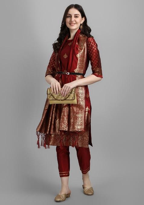 Maroon Woven Cotton Blend Salwar Kameez With Dupatta