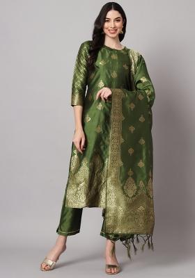 Mehendi Green Woven Cotton Blend Salwar Kameez With Dupatta