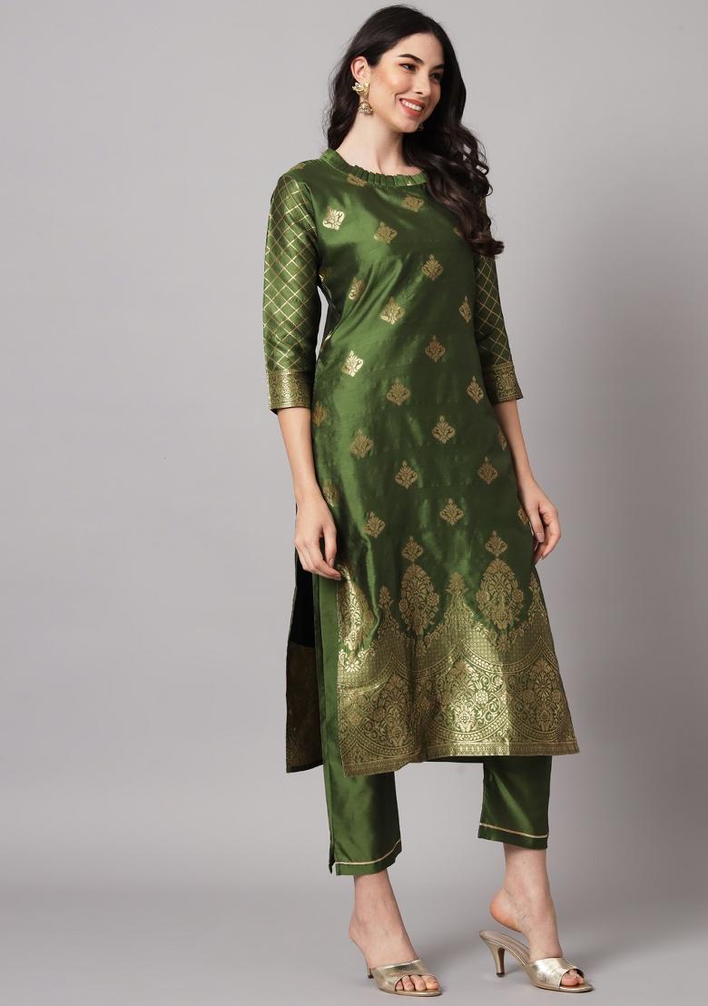 Mehendi Green Woven Cotton Blend Salwar Kameez With Dupatta
