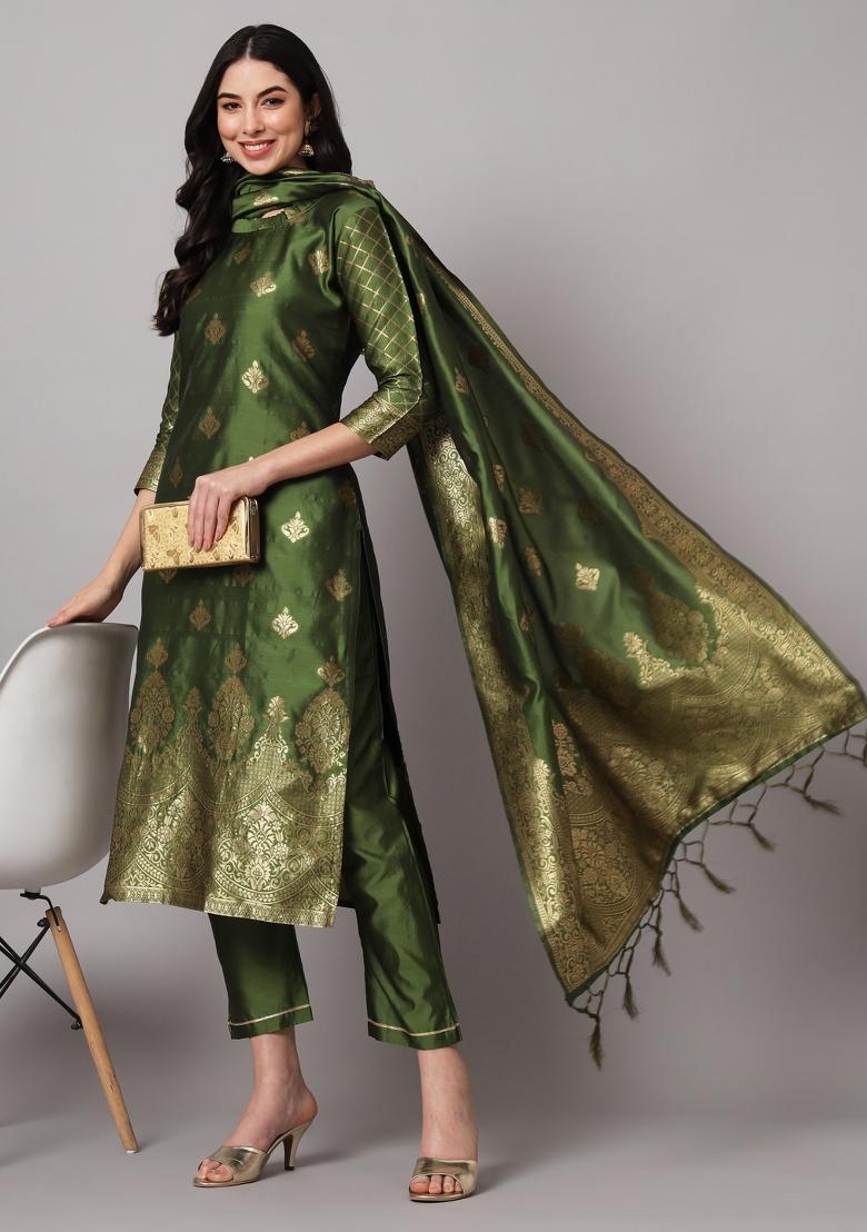 Mehendi Green Woven Cotton Blend Salwar Kameez With Dupatta